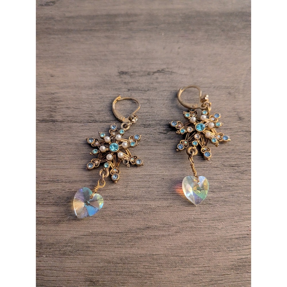 Vintage Gold Snowflake Heart Drop Earrings Blue Rhinestone Faux Pearl Iridescent